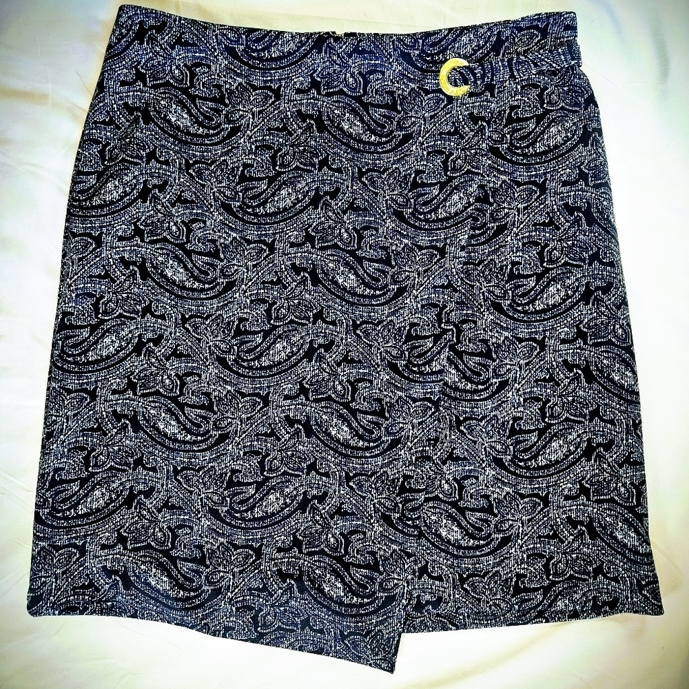 Michael Kors Womens Blue Paisley Faux Wrap Skirt With Gold Detail Size Small
